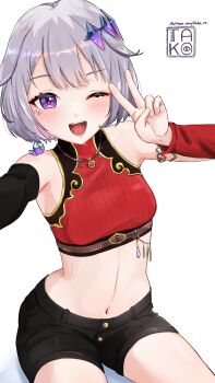 1girl :d absurdres alternate_costume armpits artist_name bare_shoulders belt black_shorts crop_top detached_sleeves gem hair_ornament highres hololive hololive_english jewelry koseki_bijou midriff navel one_eye_closed open_mouth purple_eyes purple_hair selfie short_hair shorts signature simple_background smile solo sweatdrop takoroki v virtual_youtuber