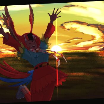 1girl absurdres bird_girl bird_tail bird_wings black_hair blue_shirt blush capri_pants closed_eyes commentary_request dark-skinned_female dark_skin frilled_skirt frilled_sleeves frills hair_between_eyes head_wings high-waist_skirt highres irimo_(knhg3432) japari_symbol jumping kemono_friends long_sleeves multicolored_hair neckerchief open_mouth pants red_hair red_pants red_shirt red_skirt scarlet_macaw_(kemono_friends) shirt short_sleeves sidelocks skirt smile solo sunset tail white_hair white_neckerchief wings