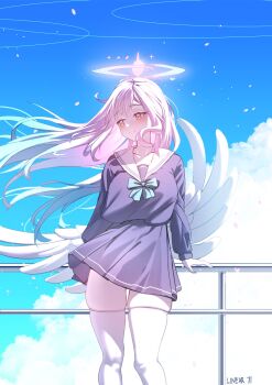 1girl alternate_costume angel_wings blue_archive blue_sky commentary english_commentary feathered_wings gradient_halo halo highres linear_71 low_wings mika_(blue_archive) multicolored_halo pink_hair pink_halo sky solo thick_thighs thigh_gap thighs white_wings wings