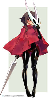 1girl absurdres animanghayo artist_name black_bodysuit blush bodysuit border brown_hair cape cloak commentary cosplay english_text full_body highres holding holding_mask holding_weapon hollow_knight hollow_knight:_silksong hornet_(hollow_knight) hornet_(hollow_knight)_(cosplay) kono_subarashii_sekai_ni_shukufuku_wo! looking_at_viewer mask megumin needle_(hollow_knight) red_cape red_cloak skin_tight solo standing subscribestar_logo subscribestar_username thighs watermark weapon web_address white_border