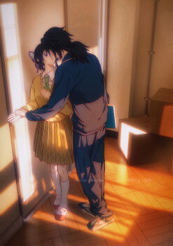 1boy 1girl absurdres black_hair blue_jacket blue_pants book breasts butterfly_hair_ornament collared_shirt couple full_body green_necktie hair_ornament hand_on_own_chest hetero highres holding holding_another&#039;s_wrist holding_book imminent_kiss indoors jacket kimetsu_no_yaiba kochou_shinobu looking_at_another low_ponytail medium_breasts necktie niku_(ni23ku) pants parted_bangs pleated_skirt ponytail purple_hair school_uniform shirt shoes sidelocks skirt sneakers socks sweater tomioka_giyuu white_shirt white_socks wooden_floor yellow_skirt yellow_sweater