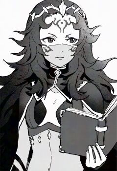 Rule 34 | 1girl, black hair, bodystocking, book, breasts, circlet, commentary request, facial mark, fire emblem, fire emblem fates, forehead mark, greyscale, highres, holding, holding book, long hair, looking down, messy hair, monochrome, mouth veil, nintendo, nyx (fire emblem), small breasts, solo, veil, very long hair, yuki12046