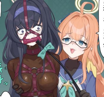 2girls ahoge bdsm bit_gag blue_archive blue_eyes bodysuit bodysuit_under_clothes breasts commentary_request drooling fang gag gagged grabbing_another's_breast grey_hair groping latex latex_bodysuit long_hair medium_breasts multiple_girls open_mouth orange_hair raftetram shibarikini shimiko_(blue_archive) standing ui_(blue_archive) whip