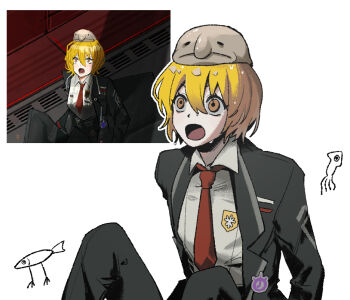 1girl animal animal_on_head arms_at_sides badge black_jacket black_pants blobfish blonde_hair collared_shirt don_quixote_(project_moon) fish_with_legs formal_clothes game_screenshot_inset hair_between_eyes jacket knees_up lapels limbus_company necktie on_head open_mouth orange_eyes pants project_moon red_necktie shirt short_hair simple_background sitting solo squid suit sunokou surprised wet wet_hair white_background white_shirt