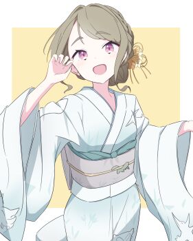 1girl :d arm_up artist_name blue_kimono border brown_hair commentary_request cowboy_shot dinosaur_print furisode hair_bun hasu_no_sora_karuta_(love_live!) highres japanese_clothes junnatsu kachimachi_kosuzu kimono link!_like!_love_live! long_sleeves looking_at_viewer love_live! open_mouth outside_border pink_eyes print_kimono short_hair sidelocks simple_background single_hair_bun smile solo twintails virtual_youtuber white_border white_sleeves yellow_background