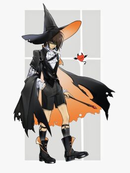 1other alternate_costume black_shorts boots brown_hair cape deltarune eram_(deltarune) frilled_shirt_collar frills halloween hand_in_pocket hat heart highres holding holding_wand kris_(deltarune) looking_at_viewer partially_shaded_face pikashuaimiaozi red_eyes shorts simple_background solo soul_(deltarune) two-tone_cape utdr_(toby_fox) wand witch_hat