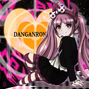 1girl black_background black_jacket black_skirt blush bow checkered_floor child closed_mouth crossed_legs danganronpa_(series) danganronpa_another_episode:_ultra_despair_girls english_text eyebrows eyelashes fake_horns fingernails hairband headband heart horned_headwear horns jacket knee_up leaning_back leg_up long_sleeves looking_at_viewer matching_hair/eyes multicolored_footwear multicolored_hair night pink_background pink_eyes pink_footwear pink_hair pink_hairband pink_headband pink_headwear pink_horns pink_skirt pleated_skirt polka_dot polka_dot_bow shirt simple_background sitting skirt sky smile solo star_(sky) star_(symbol) starry_background starry_sky striped_clothes striped_footwear thighhighs title turning_head utsugi_kotoko white_footwear white_shirt
