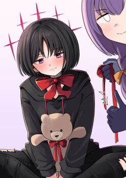 2girls absurdres atsuko_(blue_archive) averting_eyes bandaged_neck bandages black_hair black_hoodie black_pants blank_eyes blue_archive blush bow butterfly_sitting closed_mouth commentary_request coralreef966 ear_piercing embarrassed gloves gradient_background halo highres holding holding_ribbon hood hoodie misaki_(blue_archive) multiple_girls pants piercing purple_background purple_eyes purple_gloves purple_hair red_bow red_halo ribbon short_hair sitting stuffed_animal stuffed_toy teddy_bear thumbs_up torn_clothes torn_pants