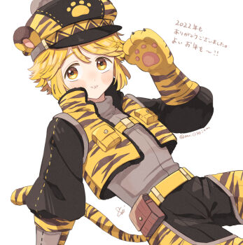 1boy alternate_costume animal_ears animal_hands animal_print black_pants blonde_hair cowboy_shot cropped_jacket crotchless crotchless_pants dated flat_cap hat highres identity_v looking_at_viewer male_focus moio3oiom pants puffy_sleeves sidelocks solo stitched_mouth stitches striped_blush tail tareme tiger_boy tiger_ears tiger_paws tiger_print tiger_tail translation_request turtleneck twitter_username victor_grantz yellow_eyes yellow_theme