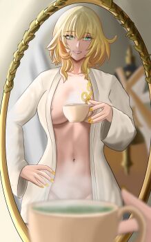 1girl absurdres aglaea_(honkai:_star_rail) bathrobe blonde_hair breasts cup green_eyes hand_on_own_hip highres honkai:_star_rail honkai_(series) large_breasts looking_at_mirror midriff mirror nail_polish nipple_slip nipples pov robe short_hair smile solo steam tattoo winterlynx