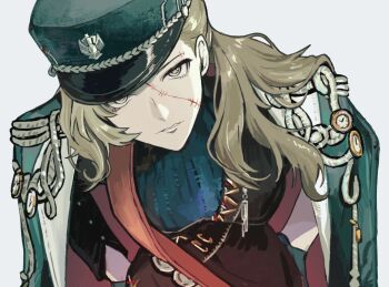 1girl black_dress black_hat brown_hair coat coat_on_shoulders corvus_(reverse:1999) dress green_coat grey_background grey_eyes hat highres leaning_forward long_hair looking_at_viewer peaked_cap red_sash reverse:1999 sash shoulder_sash solo sowa_oyster stitched_face stitches upper_body