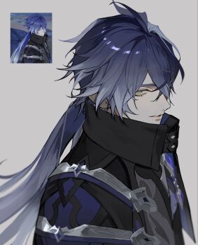 1boy black_coat blue_hair coat commentary empty_eyes flins_(genshin_impact) from_side game_screenshot_inset genshin_impact gradient_hair grey_background grey_hair hashtag-only_commentary highres kichi_owo long_hair looking_to_the_side male_focus multicolored_hair parted_bangs reference_inset smile solo teeth upper_body very_long_hair yellow_eyes