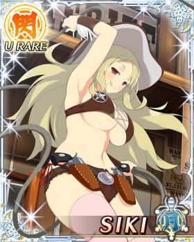 1girl :q arm_at_side arm_up armpits blonde_hair border breasts brown_shorts card_(medium) character_name closed_mouth covered_erect_nipples cowboy_hat cowgirl_(western) game_cg gun handgun hat heart_belt_buckle holding holding_whip holstered large_breasts leather leather_vest long_hair looking_at_viewer middle_part mole mole_under_mouth muramasa_(senran_kagura) navel official_art panties parted_bangs pink_thighhighs red_eyes red_panties revolver senran_kagura senran_kagura_new_wave sheriff_(western) sheriff_badge shiki_(senran_kagura) short_shorts shorts side-tie_panties skindentation smile solo thighhighs third-party_source tongue tongue_out underboob underwear vest wanted_poster weapon whip