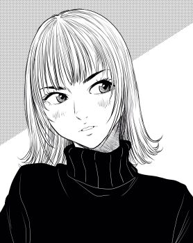 1girl commentary_request eyelashes hatching_(texture) head_tilt highres lee_(dragon_garou) light_blush medium_hair monochrome original parted_lips portrait sideways_glance solo sweater turtleneck turtleneck_sweater