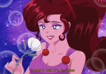 1990s_(style) 1girl animification bare_shoulders blue_eyes breasts brenni_murasaki brown_hair commentary dress english_text eyeshadow faux_retro_artstyle flower grin hercules_(1997_movie) holding holding_flower jewelry long_hair looking_at_viewer makeup megara_(disney) ponytail purple_dress purple_eyes retro_artstyle scene_reference simple_background smile solo subtitled white_flower