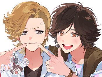 2boys anger_vein animification ankh_(ooo) averting_eyes black_shirt bracelet brown_eyes brown_hair chinese_text closed_eyes commentary facing_viewer gauntlets hands_up highres hino_eiji jewelry kamen_rider kamen_rider_ooo_(series) kei_(momojellyfish) l_hand looking_at_viewer male_focus multiple_boys multiple_views open_clothes parted_hair shirt short_hair simple_background single_gauntlet smile symbol-only_commentary tears teeth translation_request white_background