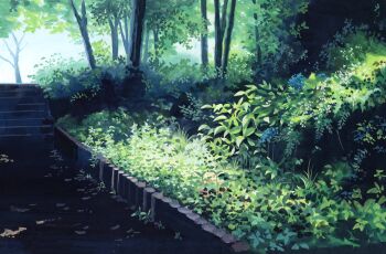 absurdres blue_flower border bush commentary_request doremifa84 flower forest green_theme highres landscape nature no_humans original outdoors path plant road scenery stairs sunlight tree white_border white_flower