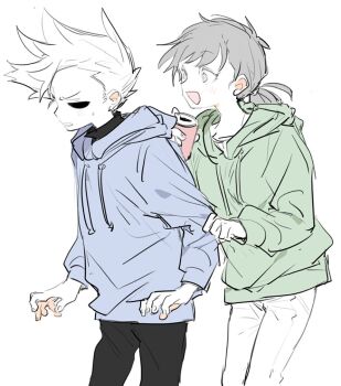 Rule 34 | 1boy, 1girl, animification, bad id, bad twitter id, black pants, blue hoodie, blush, can, cola, commentary, cowboy shot, drink, eddsworld, ell (eddsworld), from side, grabbing another's arm, green hoodie, holding, holding can, holding drink, hollow eyes, hood, hood down, hoodie, inactive account, long hair, long sleeves, low ponytail, nana (ebitokanimiso), open mouth, painttool sai (medium), pants, partially colored, ponytail, profile, simple background, sketch, smile, spiked hair, standing, symbol-only commentary, tom (eddsworld), white background