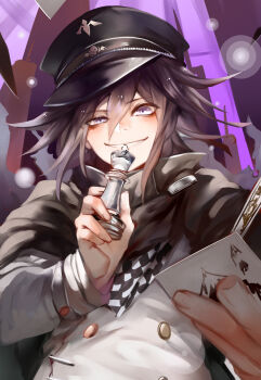 1boy ace_(playing_card) ace_of_spades black_cloak black_hat black_scarf buttons card checkered_clothes checkered_scarf chess_piece cloak collared_cloak commentary danganronpa_(series) danganronpa_v3:_killing_harmony double-breasted evil_grin evil_smile from_below grin hair_between_eyes hat high_collar highres holding holding_card holding_chess_piece indoors jacket light_blush looking_at_viewer male_focus medium_hair messy_hair multicolored_buttons oma_kokichi peaked_cap playing_card purple_background purple_eyes purple_hair scarf sidelocks smile solo spade_(shape) two-tone_scarf upper_body white_jacket white_scarf yaya_(shizuku)