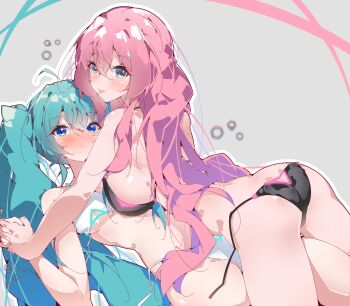 2girls absurdres ahoge aqua_hair ass ass_cutout bikini black_bikini blue_eyes blush breasts butt_crack clothing_cutout female_focus girl_on_top grey_background halkawa501 hatsune_miku highres holding_hands interlocked_fingers long_hair looking_at_viewer megurine_luka multiple_girls pink_hair sideboob string swimsuit tongue tongue_out twintails untied_bikini untied_bikini_bottom vocaloid wardrobe_malfunction white_bikini yuri