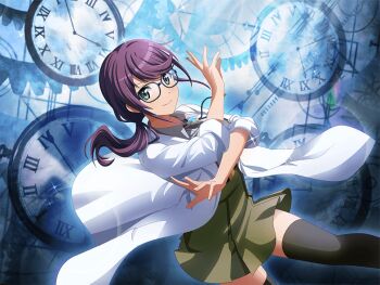 1girl black_thighhighs bolo_tie brown_skirt closed_mouth coat cosplay game_cg green_eyes hoshimi_junna long_hair long_sleeves looking_at_viewer official_art okabe_rintarou okabe_rintarou_(cosplay) ponytail purple_hair science_adventure shoujo_kageki_revue_starlight shoujo_kageki_revue_starlight_-re_live- skirt smile solo standing steins;gate thighhighs upper_body v-shaped_eyebrows white_coat