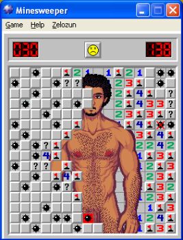 1boy abs artist_name bara bear black_hair chest_hair collarbone completely_nude covered_penis dark-skinned_male dark_skin english_text facial_hair highres male_focus microsoft_windows minesweeper mustache navel_hair nipples nude original pixel_art solo toned toned_male user_interface window_(computing) windows_xp zelozun