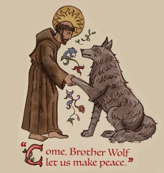 1boy absurdres brown_facial_hair brown_hair brown_robe christian_mythology christianity english_text facial_hair flower halo halo_behind_head handshake highres long_sleeves luxangelae monk robe rope_belt saint_francis_of_assisi smile tonsure wolf