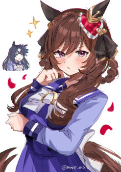 2girls absurdres animal_ears blush bow braid braided_hair_rings brown_hair ear_covers gentildonna_(umamusume) hair_rings highres horse_ears horse_girl horse_tail long_hair mare_ma multiple_girls open_mouth purple_eyes purple_hair purple_shirt purple_skirt school_uniform shirt skirt tail tracen_school_uniform umamusume verxina_(umamusume) white_bow