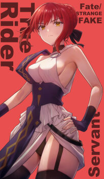 1girl bare_shoulders black_gloves black_thighhighs blue_ribbon braid breasts choker dress elbow_gloves fate/strange_fake fate_(series) gloves hair_bun hair_ribbon highres hippolyta_(fate) looking_at_viewer medium_breasts medium_hair red_hair ribbon ryusei2u sash sidelocks solo thighhighs thighs white_dress yellow_eyes