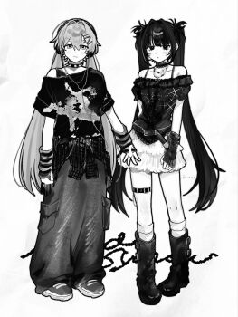2girls arm_warmers baggy_pants belt choker closed_mouth clothes_around_waist commentary full_body greyscale hair_between_eyes hair_intakes hair_ornament hairclip headphones highres iwonu jacket jacket_around_waist jewelry kneehighs long_hair looking_at_viewer monochrome multiple_girls necklace off-shoulder_shirt off_shoulder original pants punk shirt simple_background smile socks spaghetti_strap spiked_choker spikes striped_arm_warmers thigh_strap twintails very_long_hair white_background