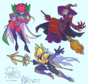 belt cape digimon digimon_(creature) forksthousands hat looking_at_another rosemon sakuyamon witch witch_hat witchmon