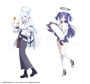 2girls absurdres black_boots black_shoes black_skirt blue_archive blue_shorts boots casual full_body halo highres jacket kneehighs long_hair long_skirt long_sleeves looking_at_viewer misyune multiple_girls noa_(blue_archive) off_shoulder official_art open_clothes open_jacket open_mouth purple_eyes purple_hair sample_watermark shoes shorts simple_background skirt smile sneakers socks standing two_side_up very_long_hair watermark white_background white_hair white_jacket white_socks yuuka_(blue_archive)