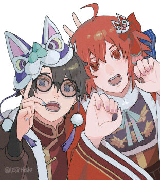 1058hoshi 1boy 1girl adjusting_eyewear ahoge animal_hat arm_up artist_name black_hair blue_eyes bow bridal_gauntlets cat_hat claw_pose fate/grand_order fate_(series) fujimaru_ritsuka_(female) fujimaru_ritsuka_(male) fur_trim hair_bow hair_ornament hand_up hat long_sleeves looking_at_viewer medium_hair nail_polish neck_ribbon open_mouth orange_eyes orange_hair pom_pom_(clothes) pom_pom_hair_ornament ribbon round_eyewear short_hair teeth upper_body v wide_sleeves