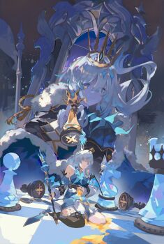 2girls absurdres asymmetrical_footwear bare_shoulders bleeding blood blood_from_mouth bloody_tears blue_dress blue_eyes blue_hair breasts cape cerydra_(honkai:_star_rail) chess_piece chessboard commentary crown diamond-shaped_pupils diamond_(shape) dress dual_persona empty_eyes expressionless floating_hair fur-trimmed_cape fur_trim hair_intakes hand_on_own_stomach highres holding holding_chess_piece holding_scepter honkai:_star_rail honkai_(series) injury knight_(chess) long_hair looking_at_viewer medium_breasts mini_crown multiple_girls pawn_(chess) pool_of_blood queen_(chess) rook_(chess) saturn_(saturn_illus) scepter single_thighhigh sitting sitting_on_throne size_difference symbol-shaped_pupils thighhighs throne uneven_footwear wariza yellow_blood