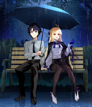 1girl absurdres alternate_costume antenna_hair archetype_earth archetype_earth_(celebratory_attire) archetype_earth_(third_ascension) arcueid_brunestud belt bench black_capelet black_hair blonde_hair blue_bow blue_eyes blue_gloves blue_ribbon bow bowtie capelet collared_shirt fate/grand_order fate_(series) fujimaru_ritsuka_(male) full_body gloves gold_trim hair_bow highres long_hair long_sleeves mor_(morfowfow) necktie pantyhose rain red_eyes ribbon shirt umbrella very_long_hair white_shirt