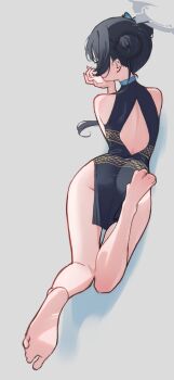 1girl ass back_cutout bare_legs bare_shoulders barefoot black_hair blue_archive butterfly_hair_ornament clothing_cutout commentary_request double_bun elbow_rest facing_away full_body grey_background grey_halo hair_bun hair_ornament halo highres kisaki_(blue_archive) lying on_stomach sahemi simple_background solo thighs twintails
