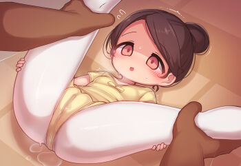 1boy 1girl blush breasts breath brown_hair cameltoe collarbone confused dark-skinned_male dark_skin embarrassed empty_eyes feet_out_of_frame from_above hair_bun hetero legs_up leotard loli looking_at_another looking_down lying mochikushi nervous nervous_sweating on_back open_mouth orange_eyes original pantyhose pussy_juice shaded_face single_hair_bun small_breasts solo_focus spread_legs sweat v_legs white_pantyhose yellow_leotard