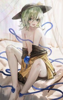 1girl :d absurdres bare_shoulders barefoot between_legs black_hat breasts clothes_down convenient_censoring curtains green_eyes green_hair hand_between_legs hat hat_ribbon highres indoors knees_up komeiji_koishi looking_at_viewer magnistr1 medium_hair naked_shirt no_pants on_bed open_mouth ribbon shirt sitting sleeves_past_fingers sleeves_past_wrists small_breasts smile solo third_eye touhou v_arms yellow_ribbon yellow_shirt