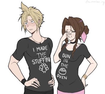 1boy 1girl aerith_gainsborough bangle black_choker black_pants black_shirt blonde_hair blush bracelet breasts brown_hair choker closed_eyes cloud_strife couple final_fantasy final_fantasy_vii furrowed_brow hair_bun hair_ribbon hand_on_own_face hand_on_own_hip hands_on_own_hips hetero highres hu_manbee_ing jewelry long_hair looking_to_the_side medium_breasts necklace pants parted_bangs pink_ribbon pink_skirt pregnant print_shirt ribbon ring shirt short_hair short_sleeves sidelocks skirt spiked_hair twitter_username updo upper_body white_background wristband
