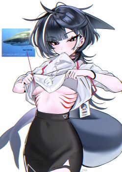 1girl absurdres black_eyes black_hair black_skirt breasts chromatic_aberration closed_mouth clothes_in_mouth clothes_lift commentary covered_navel cowboy_shot english_commentary fins fish_tail gills haze_(7h4ze) head_fins high-waist_skirt highres lanyard lifting_own_clothes looking_at_viewer medium_breasts medium_hair mouth_hold office_lady original pencil_skirt photo_inset reference_inset shark_girl shark_tail shirt shirt_in_mouth shirt_lift simple_background skirt solo standing tail three-quarter_sleeves underwear white_background white_shirt wolf_cut