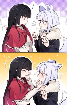 2girls animal_ears black_collar black_hair black_jacket black_nails blush capelet claw_pose closed_eyes closed_mouth collar commentary fang fur-trimmed_jacket fur_trim hand_on_another&#039;s_chin jacket jattawii kemonomimi_mode kurogane_otoha little_red_riding_hood_(fairy_tale) long_hair multiple_girls purple_eyes purple_hair red_capelet rock_wa_lady_no_tashinami_deshite shiraya_tamaki short_hair smile sweat symbol-only_commentary tail wolf_ears wolf_girl wolf_tail yuri