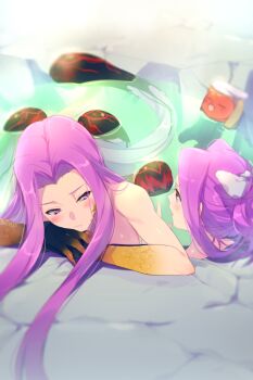 2girls animal bare_shoulders blush echo_(circa) fate/grand_order fate_(series) fingernails forehead gorgon_(fate) long_hair medusa_(fate) medusa_(lancer)_(fate) medusa_(rider)_(fate) monkey multiple_girls onsen purple_eyes purple_hair red_eyes rider scales sharp_fingernails snake_hair