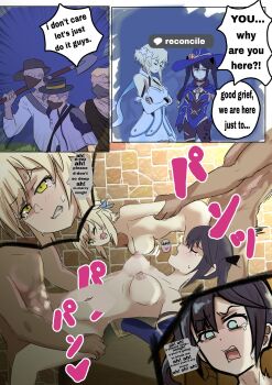 2girls absurdres arm_grab breasts captured clenched_teeth defeat empty_eyes english_text from_behind genshin_impact half-closed_eyes hetero highres lumine_(genshin_impact) medium_breasts moaning mona_(genshin_impact) multiple_boys multiple_girls multiple_views navel nipples npc_(genshin_impact) nude one_eye_closed open_mouth rape sequential sex sex_from_behind speech_bubble tears teeth third-party_edit tongue treasure_hoarder_(genshin_impact) upper_teeth_only wince