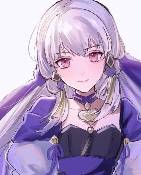 Rule 34 | 1girl, breasts, choker, closed mouth, dress, fire emblem, fire emblem: three houses, hair ornament, highres, long hair, long sleeves, looking at viewer, lysithea von ordelia, lysithea von ordelia (timeskip), nintendo, pink eyes, purple choker, purple dress, purple veil, simple background, small breasts, smile, solo, tani11a, upper body, veil, white background, white hair