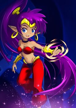 Rule 34 | 1girl, absurdres, arabian clothes, bandeau, bare shoulders, blue eyes, bracer, breasts, choker, cleavage, dark-skinned female, dark skin, earrings, female focus, harem pants, highres, hoop earrings, hotaru kiyo, jewelry, long hair, lots of jewelry, midriff, navel, pants, pointy ears, ponytail, purple hair, shantae, shantae: half-genie hero, shantae (series), smile, solo, tiara, very long hair, wayforward