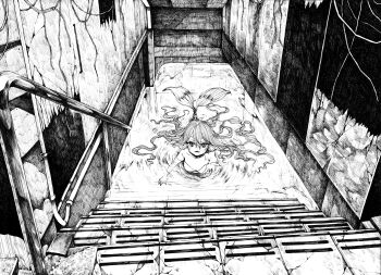 1girl absurdres bikini commentary_request flood from_above greyscale hair_spread_out highres indoors long_hair looking_at_viewer looking_up mermaid monochrome monster_girl original parted_lips pen_(medium) ripples roroichi solo stairs swimsuit traditional_media