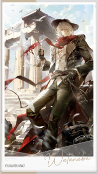 1boy absurdres backpack bag belt belt_buckle bird black_bag black_gloves black_jacket black_pants brown_belt brown_hat buckle buttons cape character_name closed_mouth coin coin_flip commentary copyright_name cowboy_hat curtained_hair day english_commentary eyepatch falling_feathers feathers fingerless_gloves flock from_below gloves grey_hair hand_up hat highres jacket leaning_back leg_up long_sleeves looking_at_viewer male_focus official_art one_eye_covered open_clothes open_jacket outdoors pants polaroid_photo punishing:_gray_raven red_cape red_scarf rock rope scarf shirt short_hair sky solo stairs standing thumbs_up viewfinder watanabe:_epitaph_(hell_sing)_(pgr) watanabe:_epitaph_(pgr) watanabe_(pgr) white_shirt yellow_eyes