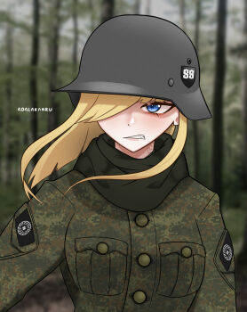 Rule 34 | 1girl, artist name, black sun (symbol), blonde hair, blue eyes, breast pocket, breasts, buttons, camouflage, camouflage jacket, clenched teeth, commentary, english commentary, floating hair, green scarf, hair over one eye, highres, jacket, koalakanru, military, nazi, neck tattoo, original, patch, photo background, pocket, scarf, tattoo, teeth, tree, world war ii