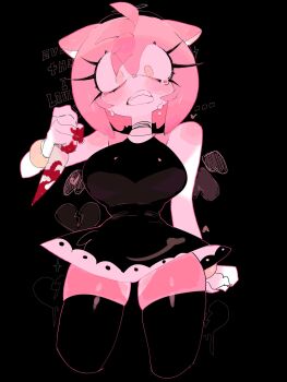 1girl alternate_breast_size_(larger) amy_rose black_background black_choker black_dress black_thighhighs blood blood_on_hands bloody_knife breasts choker clenched_teeth commentary cropped_legs crying crying_with_eyes_open dress furry furry_female gloves hedgehog_girl highres holding holding_knife knife large_breasts looking_at_viewer narrow_waist pink_eyes pink_fur short_dress solo sonic_(series) tears teeth thighhighs thighs usa37107692 white_gloves