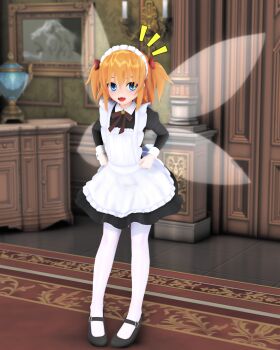 1girl 3d alxtia_(alc) apron black_shirt black_shoes black_skirt blue_eyes butterfly_wings fairy fairy_wings fang fangs fangs_out female_focus flats hair_between_eyes hair_ribbon hair_tie hands_on_own_hips highres indoors insect_wings interior legs long_hair long_sleeves looking_at_viewer maid maid_apron maid_headdress neck notice_lines open_mouth orange_hair painting_(object) pantyhose red_ribbon ribbon rug shirt shoes sidelocks skirt smile solo standing sunny_milk surprised teeth touhou two_side_up wall_lamp white_pantyhose white_wings wings